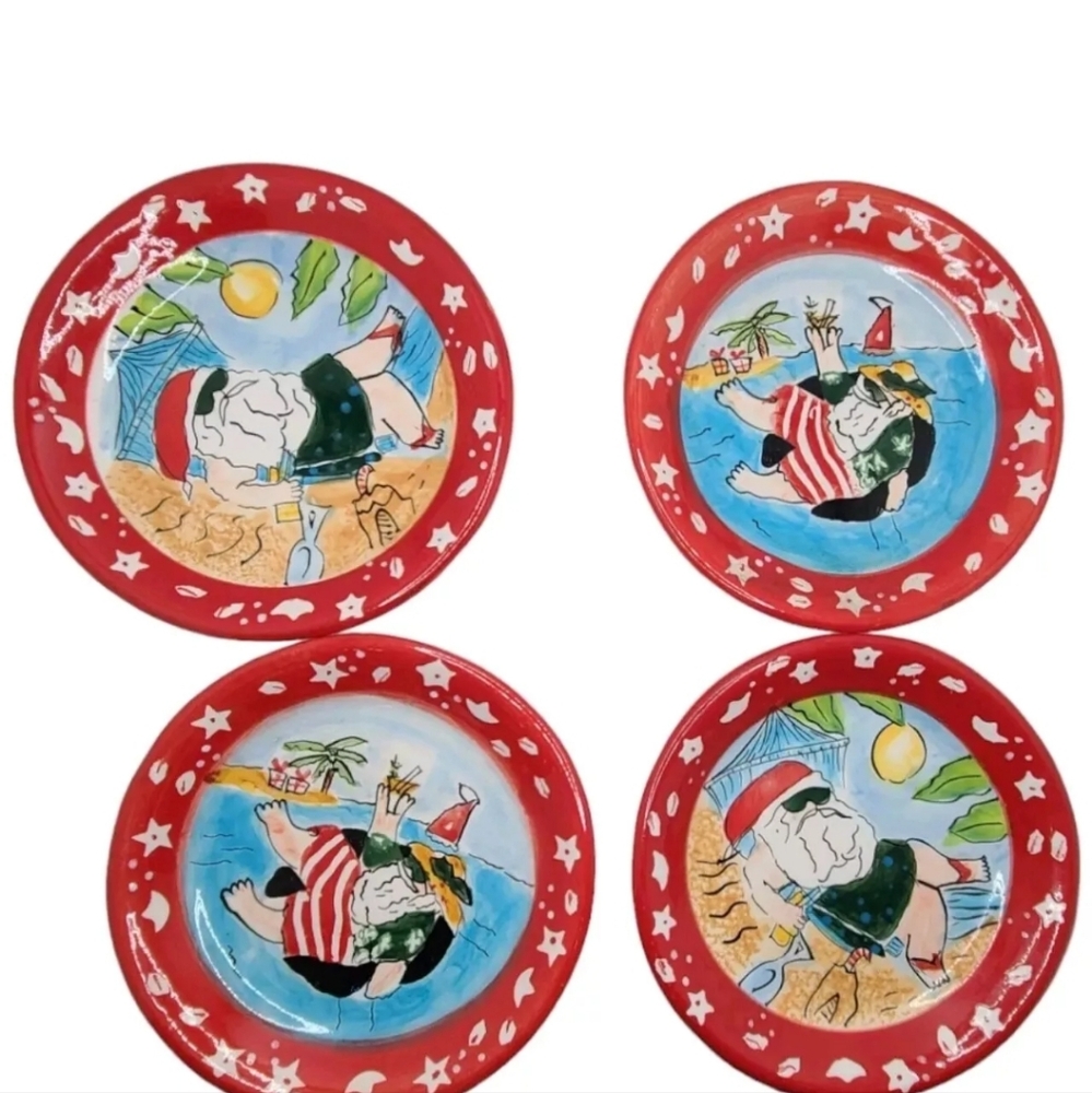 Mary Jane Mitchell Hausenware Plates Beach Santa Cheese Appetizer Christmas 6" 4
